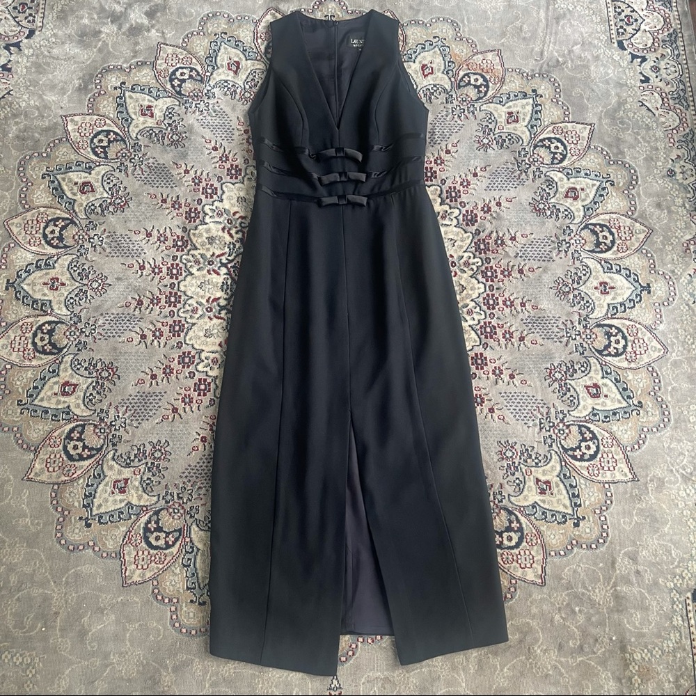 Vtg Laundry by Shelli Segal Black Sleeveless Satin Bow Waist Midi Dress 8 90s